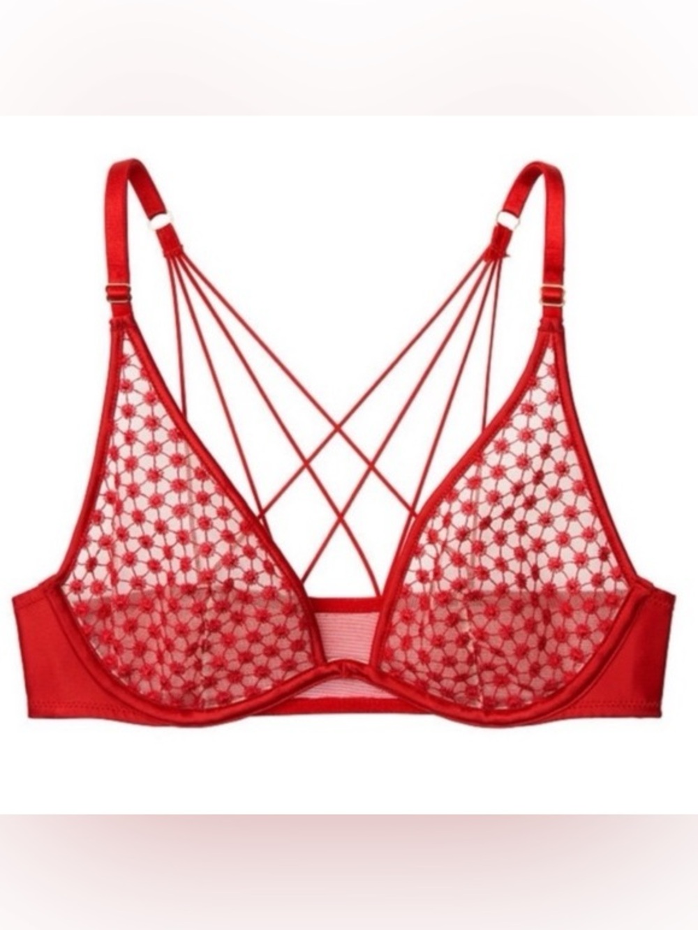 VICTORIA’S SECRET Starburst Red Floral Embroidered Sheer Mesh Strappy Bralette